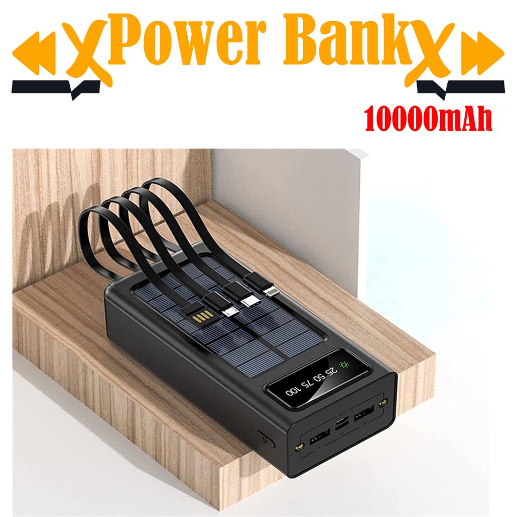 caricabatteria Power Bank 10000 mAh con pannello solare e cavi integrati cavo USB tipoC iphone display led