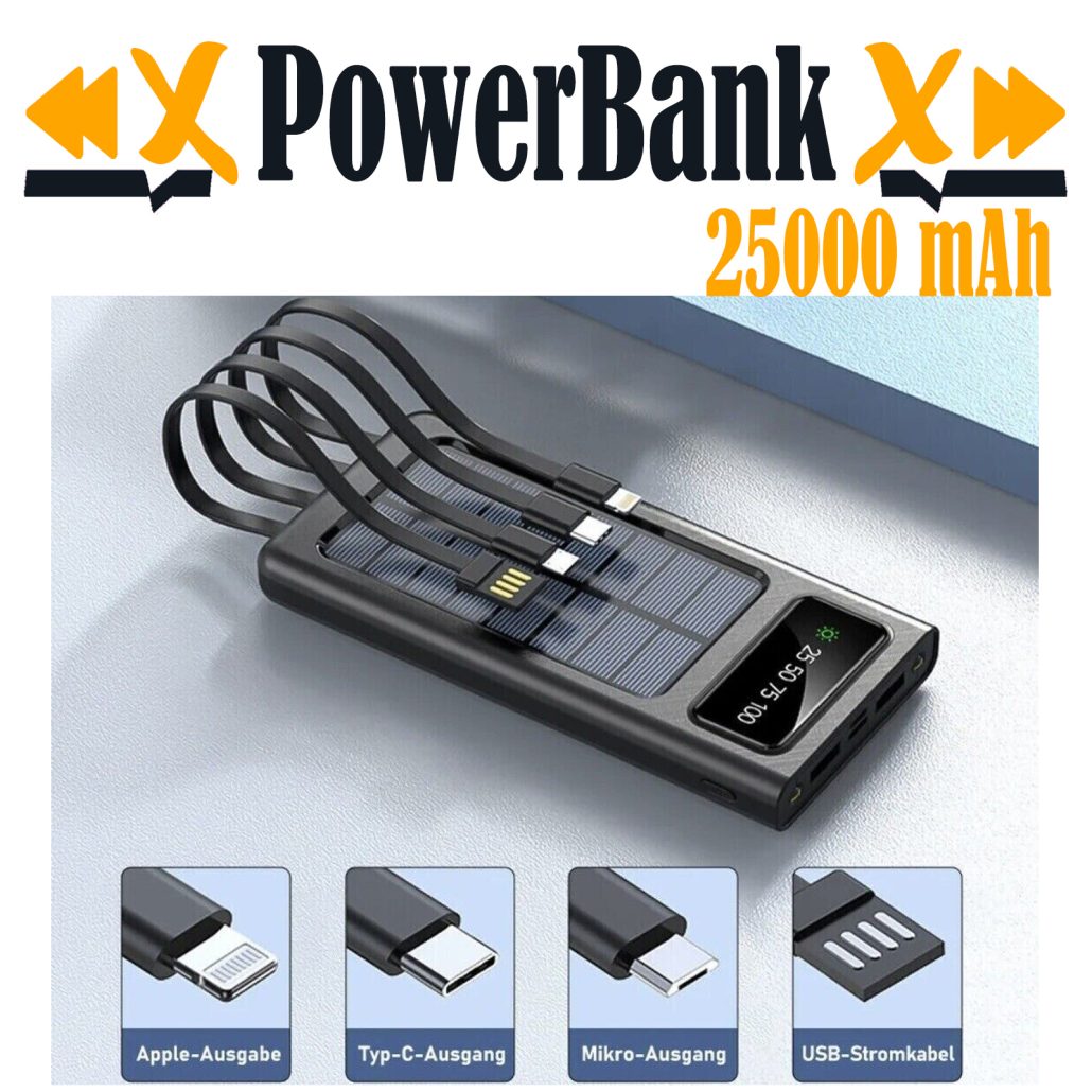 caricabatteria Power Bank 25000 mAh con pannello solare e cavi integrati cavo USB tipoC iphone display led