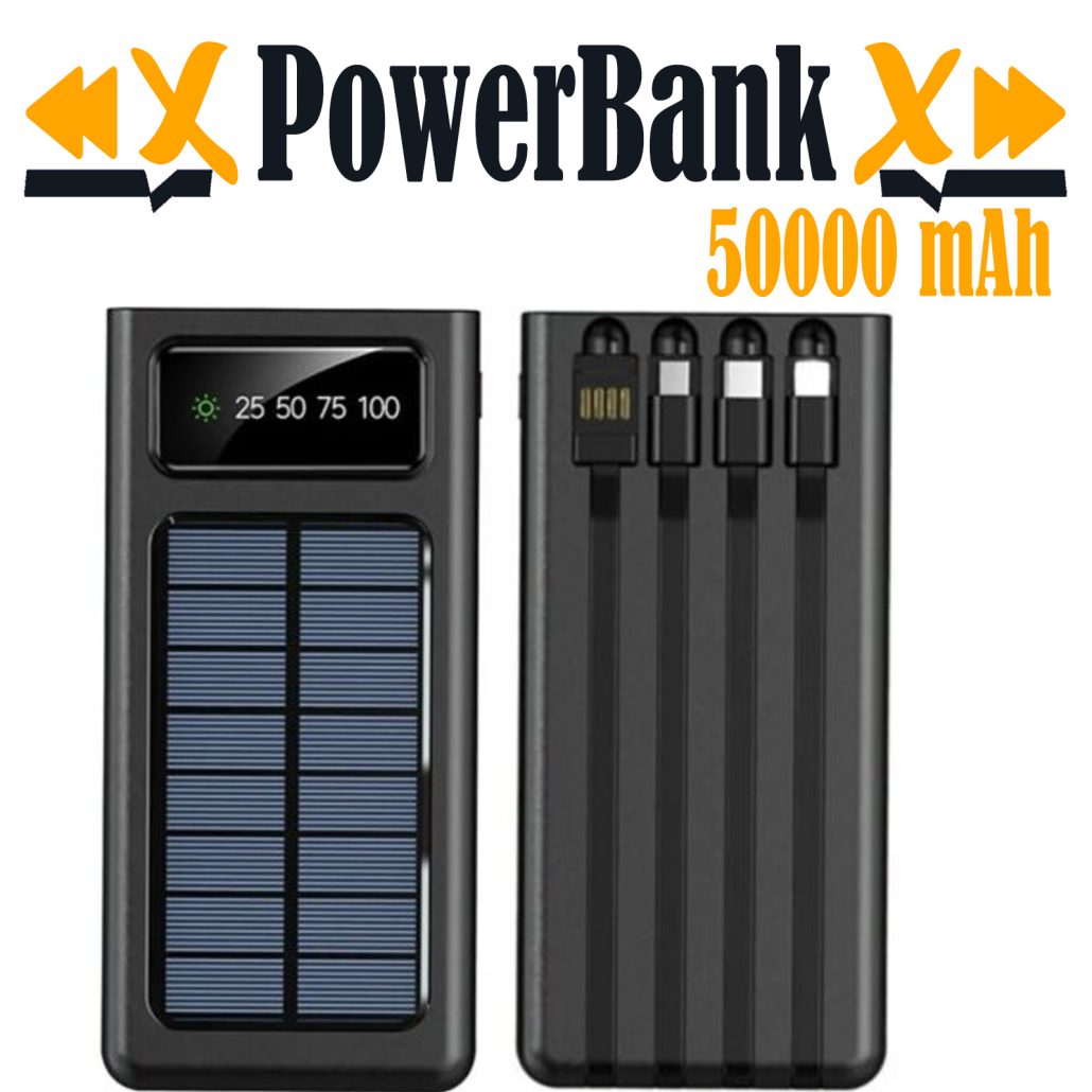 caricabatteria Power Bank 50000 mAh con pannello solare e cavi integrati