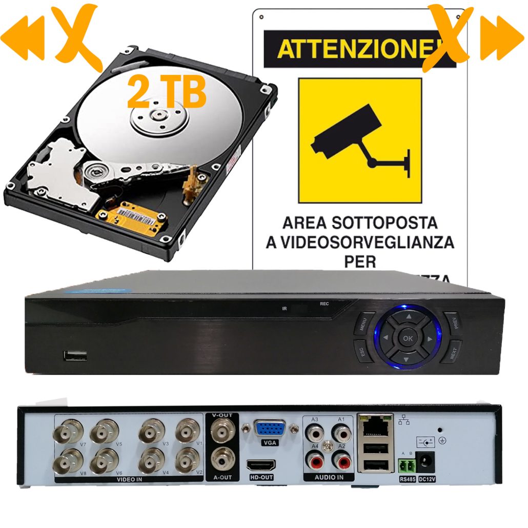 DVR 8 Canali HD VGA con Hard Disk 2TB +Cartello Attenzione in Omaggio App XMEye