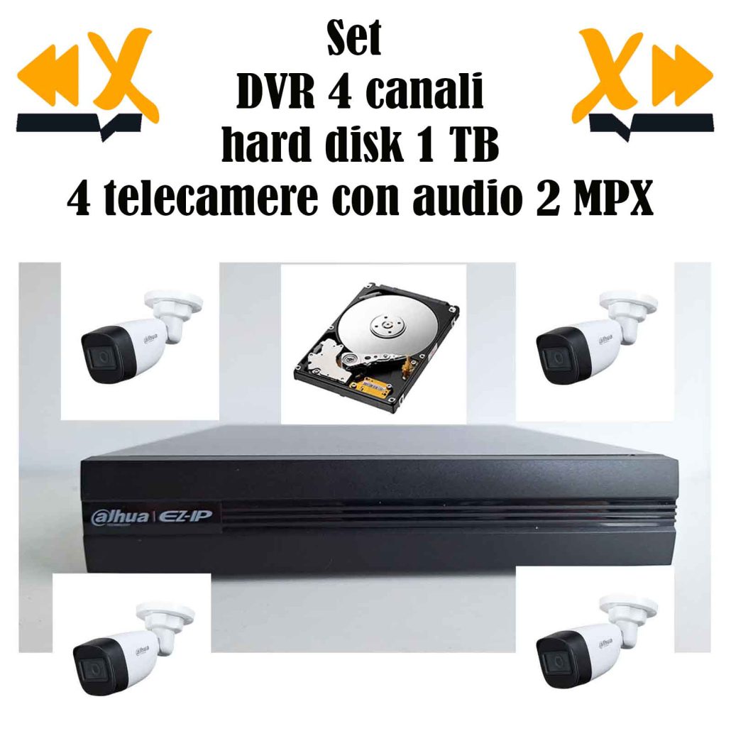 DVR NVR DAHUA 4 Canali +HD 1TB Ingresso Audio + 4 Telecamere 2 MP 2,8MM